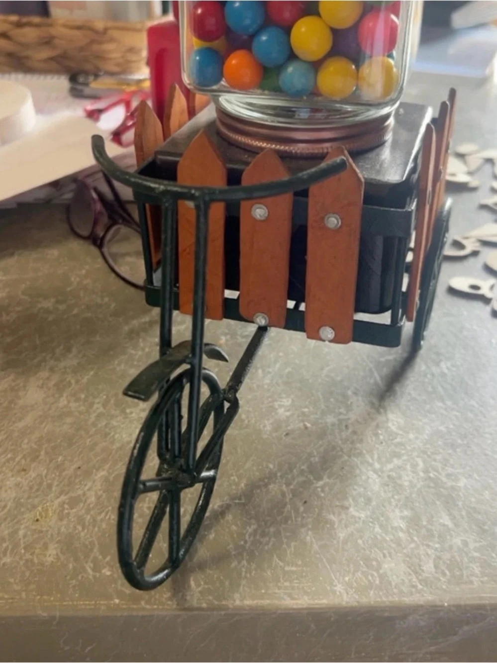 Rustic Wooden Tricycle Candy Jar - Multicolor Gumballs